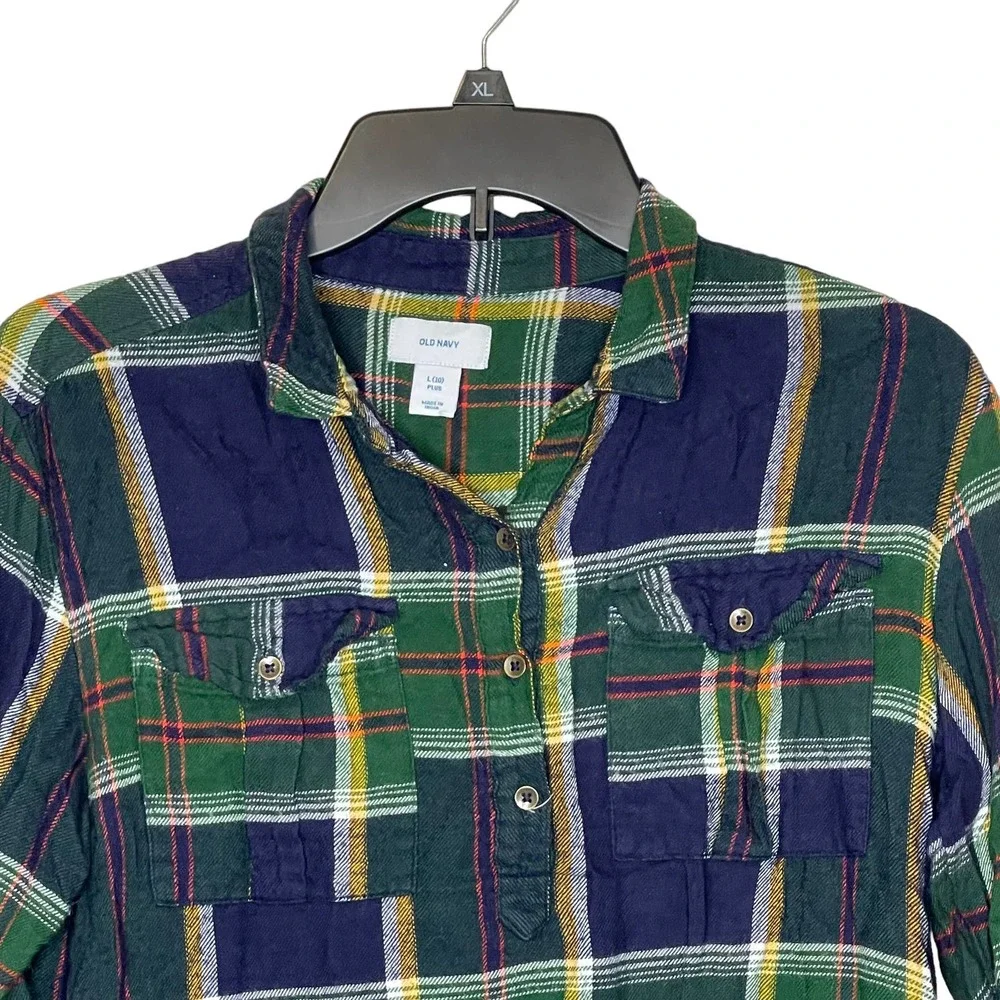 Old Navy Girls L(10) Plus Green Blue Roll Tab Sleeve Plaid Flannel‎ Shirt Dress